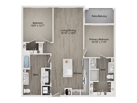 Floor plan for 2 beds, 2 baths, 1040 sqft
